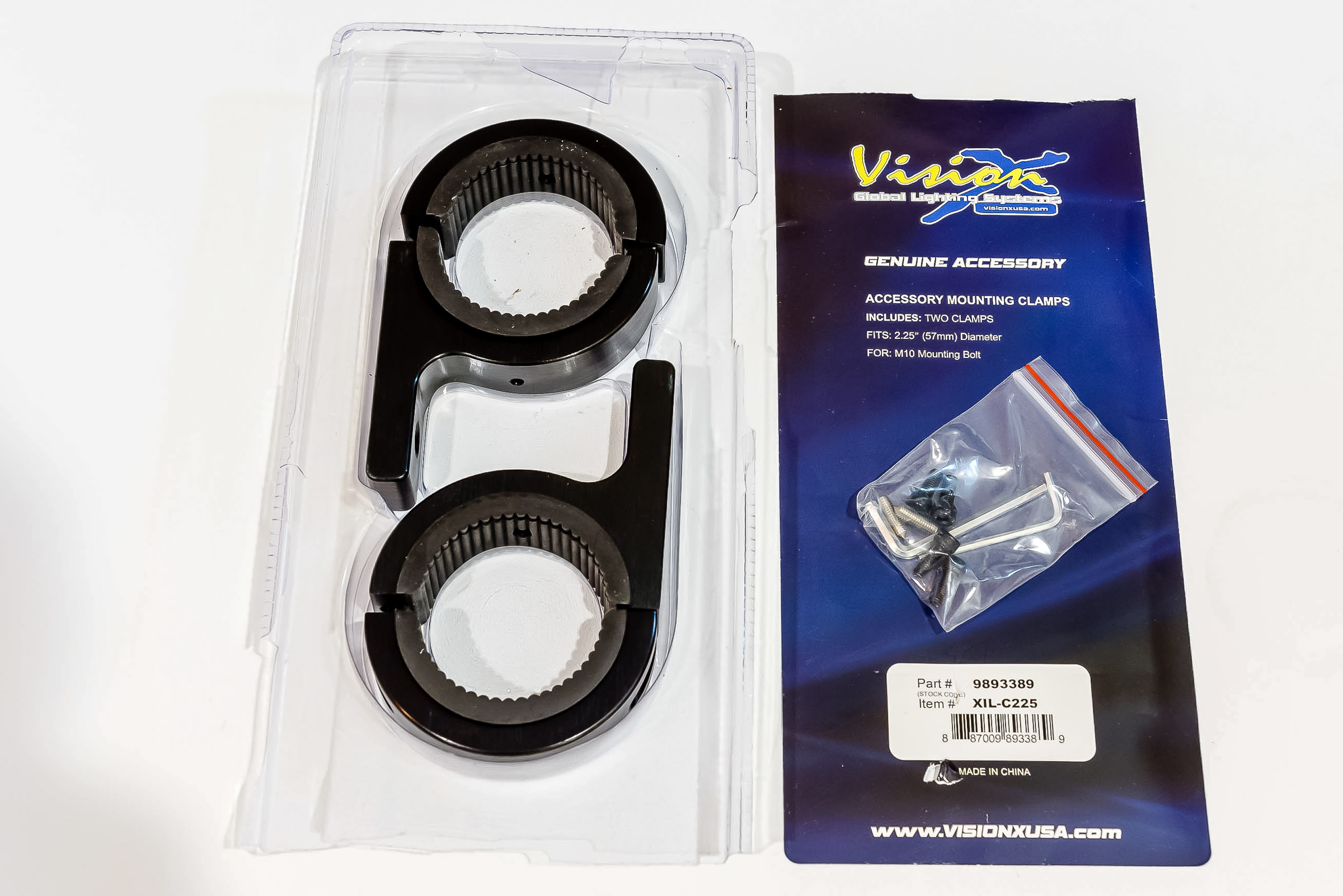 Visionx Billet Tube Clamps (Pair) Fits 2.25" tubing. XIL-C225. I had these left over from another motorcycle. I'm going to use these temporarily until my crash bars come in. Then I'm going to mount the lights on the crash bars.