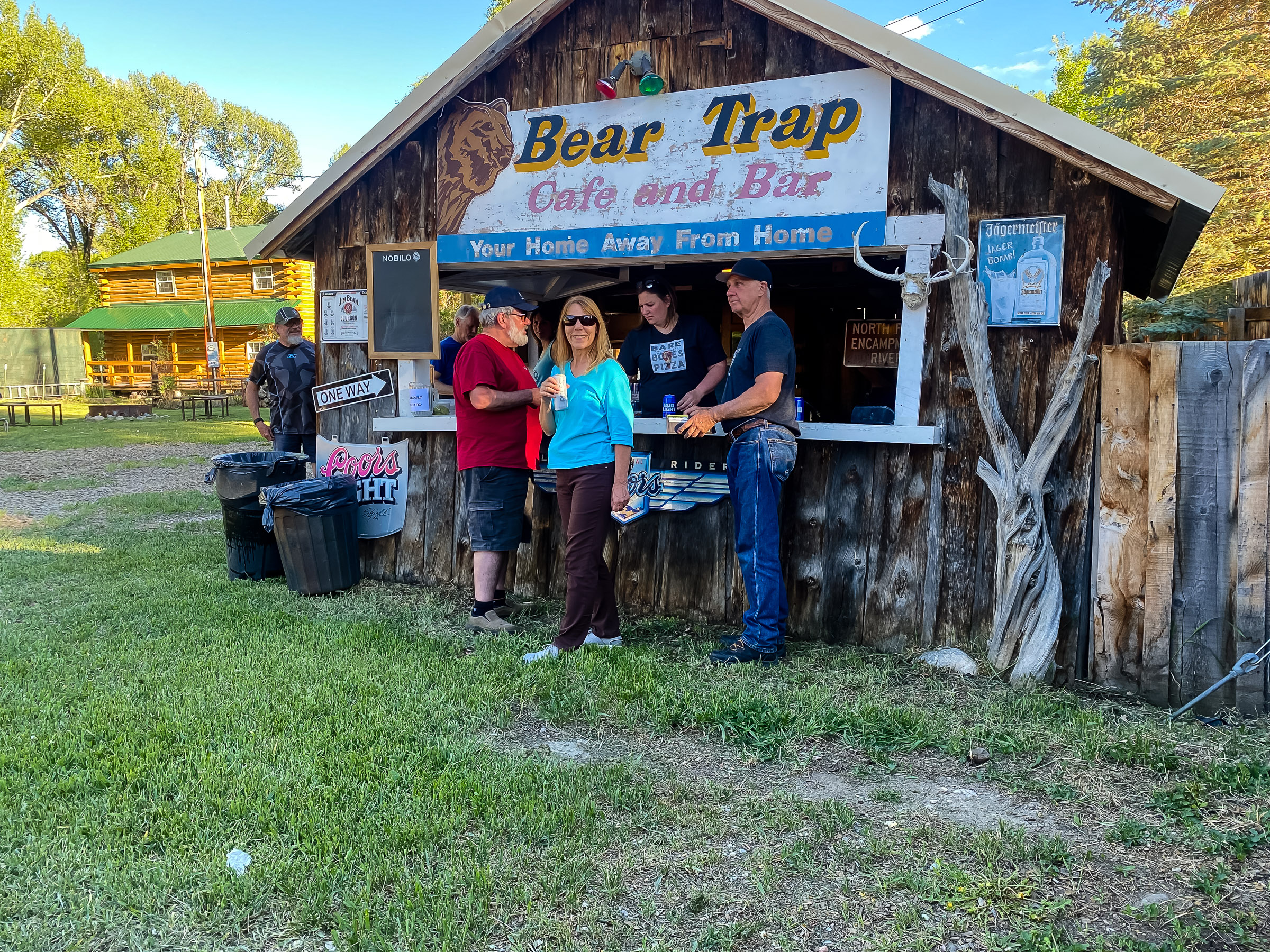 The ownership was changing at this restaurant across the street from the campground so they had a free party with food and entertainment. Mark Hickman, Cathy Cattrel, Carl Thomte.